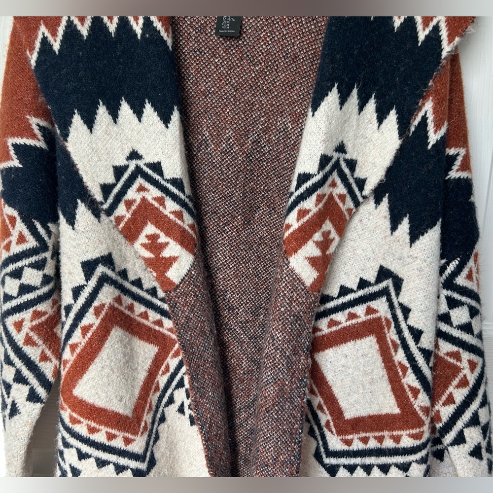 Tahari Brown White & Blue Aztec Print Chunky Open Front Cardigan Size XL - Picture 9 of 15